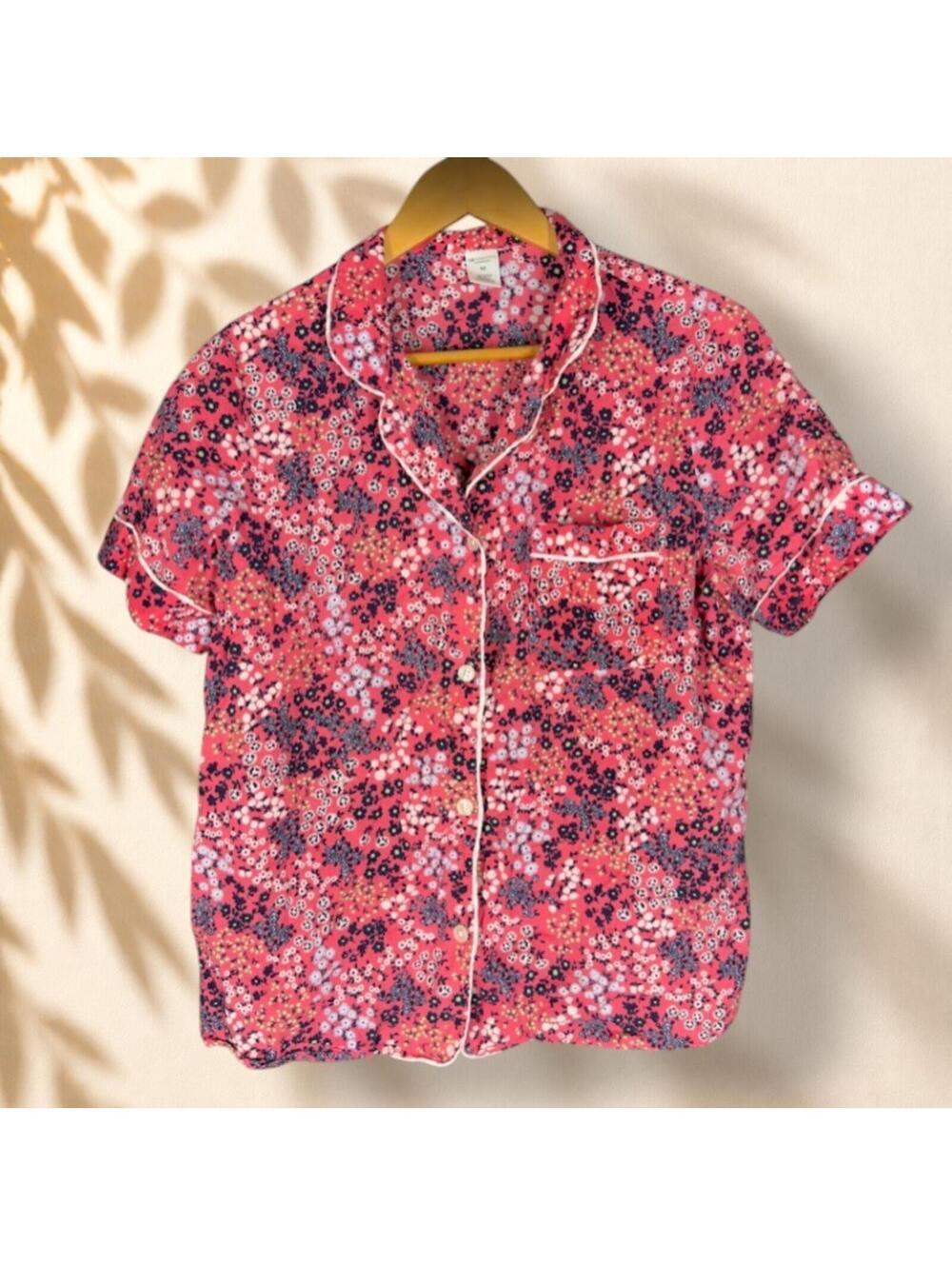 Liz Claiborne Sleepshirt Women M Medium Pink Floral Button Up Collared Cotton